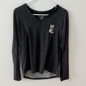 Rene Rofe Black Long Sleeve Top with Cat Design